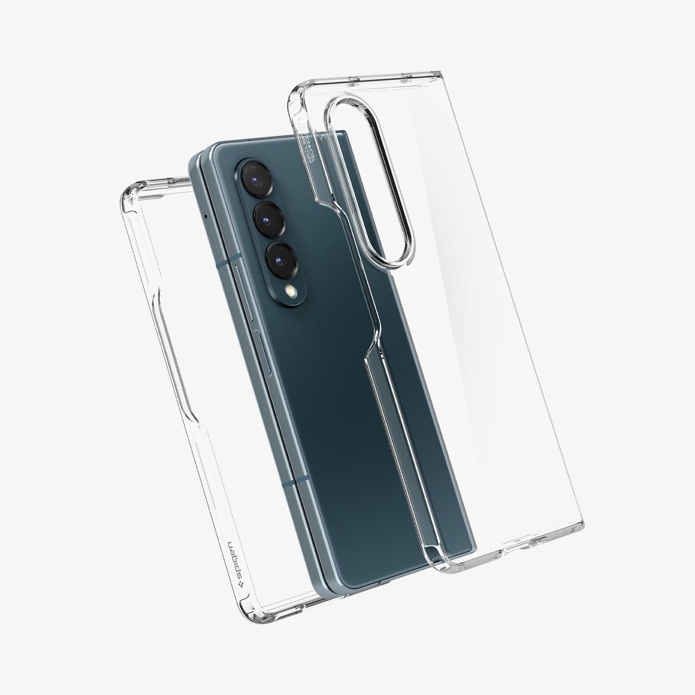 ACS05100 - Galaxy Z Fold 4 Case Ultra Hybrid in crystal clear showing the front and back case hovering away from device in the middle