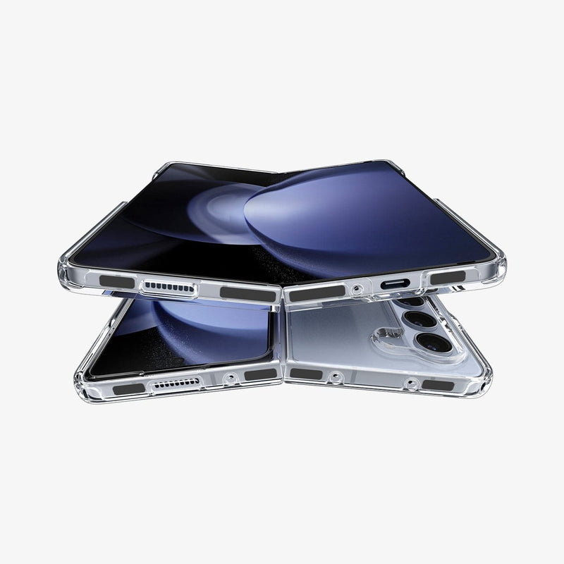 ACS06224 - Galaxy Z Fold 5 Case Ultra Hybrid in crystal clear showing the front fully open hovering above another device