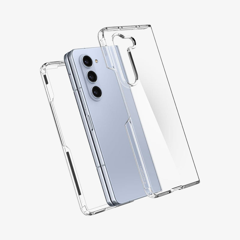 ACS06224 - Galaxy Z Fold 5 Case Ultra Hybrid in crystal clear showing the front and back of case hovering away from device