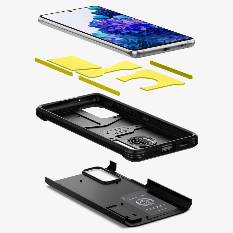 ACS02279 - Galaxy S20 FE Tough Armor Case in black showing the device, impact foam, soft tpu and hard pc
