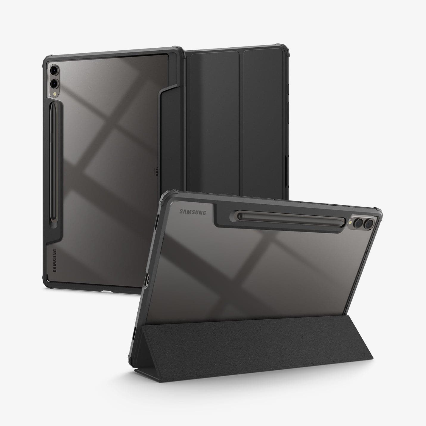 ACS08787 - Galaxy Tab S9 Plus Case Ultra Hybrid Pro in black showing the back, front and device propped up by built in kickstand