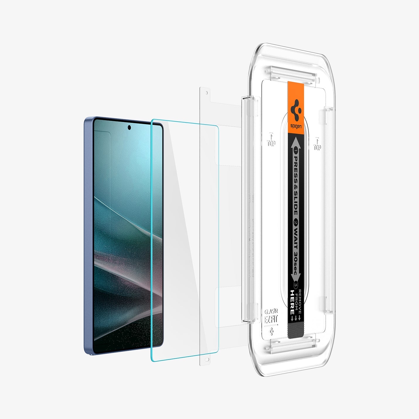 AGL09078 - Galaxy S25 Ultra GLAS.tR EZ Fit in Clear showing the alignment tray hovering in front of the film strip, screen protector and the device