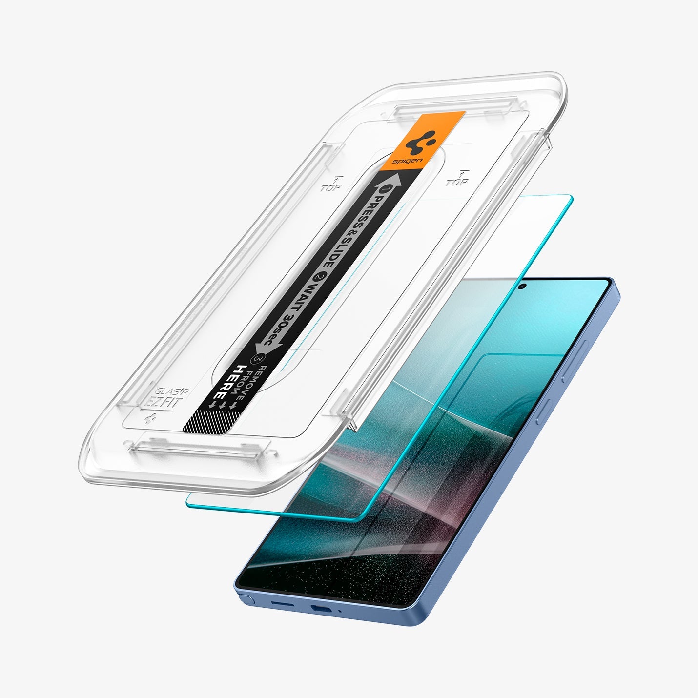 AGL09078 - Galaxy S25 Ultra GLAS.tR EZ Fit in Clear showing the alignment tray hovering above the screen protector and the device