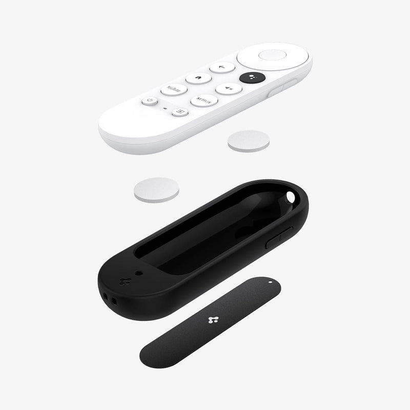 AMP02714 - Chromecast with Google TV Silicone Fit Voice Remote in black showing the multiple parts of case hovering below remote