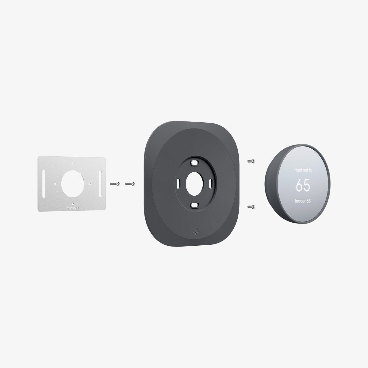 AHP02762 - Google Nest Thermostat Wall Plate in charcoal showing the multiple parts of wall cover hovering behind the google nest