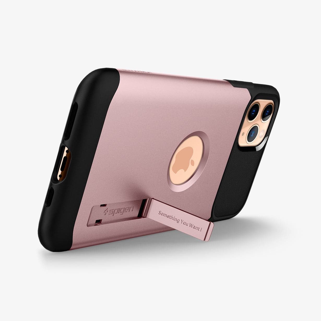 077CS27109 - iPhone 11 Pro Case Slim Armor in rose gold showing the device propped up horizontally by built in kickstand