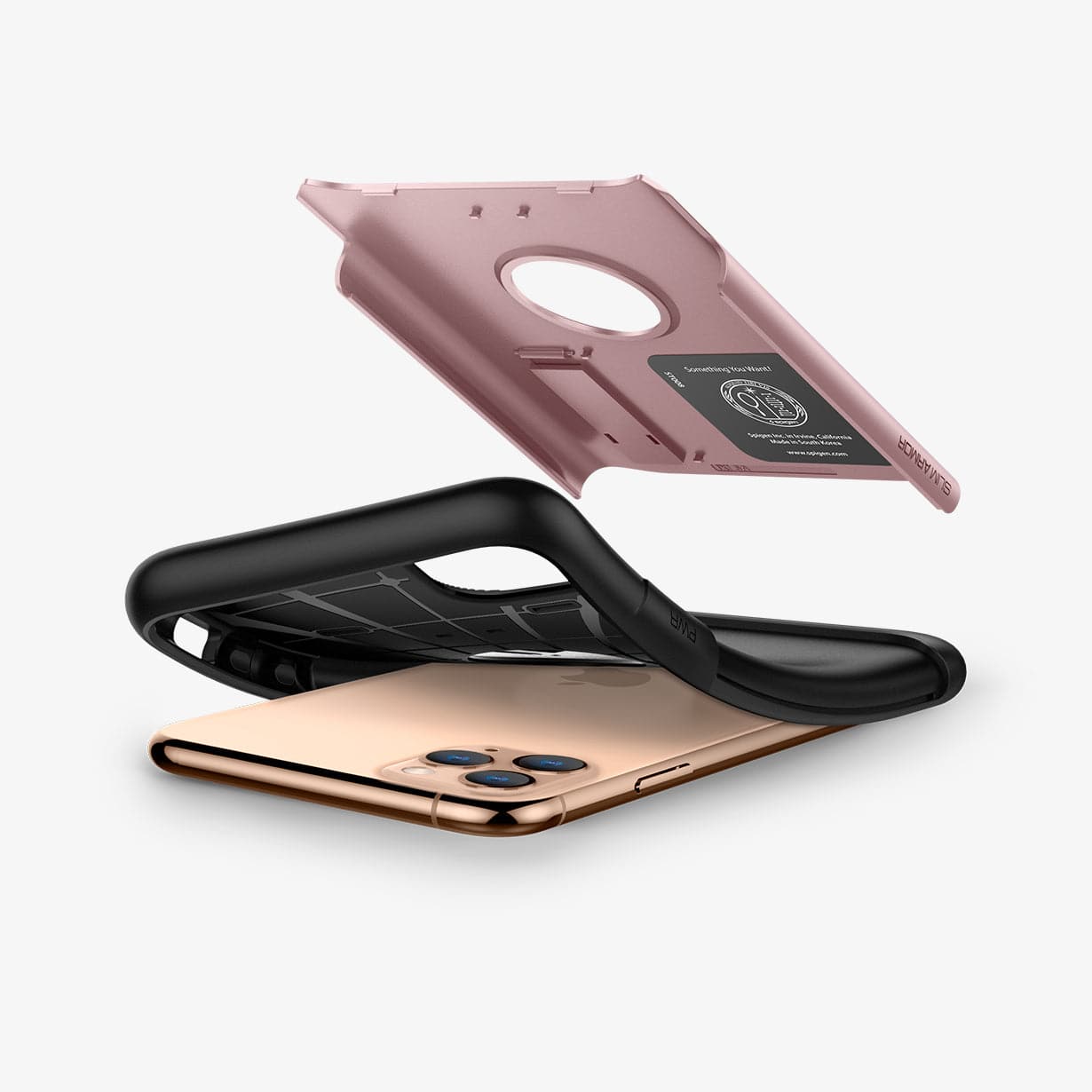 077CS27109 - iPhone 11 Pro Case Slim Armor in rose gold showing the hard pc hovering above and soft tpu bending