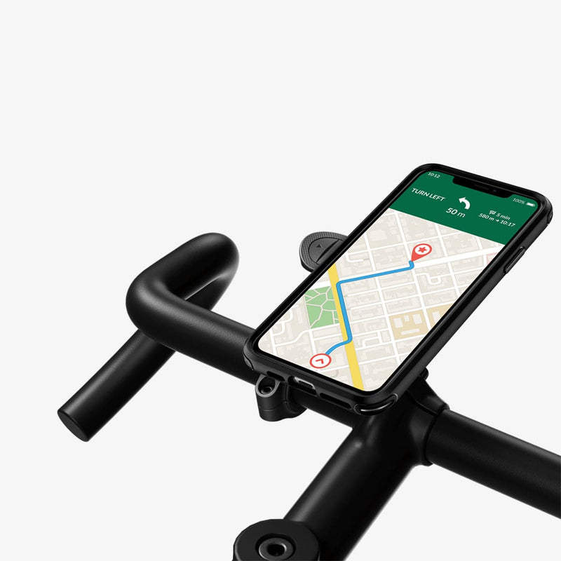 ACS00277 - iPhone 11 Pro Max Case Gearlock Bike Mount in black showing the front with device mounted onto bike