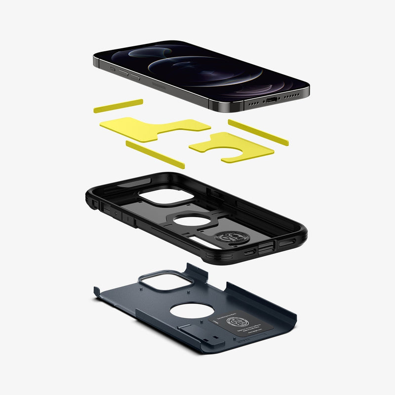 ACS02295 - iPhone 12 Pro Max Case Tough Armor in metal slate showing the hard pc, soft tpu, impact foam and device