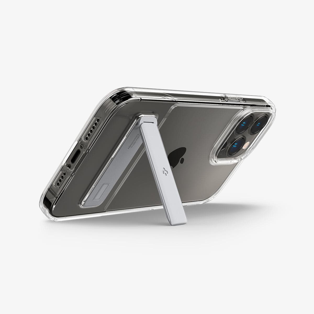 ACS03247 - iPhone 13 Pro Max Case Slim Armor Essential S in crystal clear showing the bottom, side and back with kickstand out