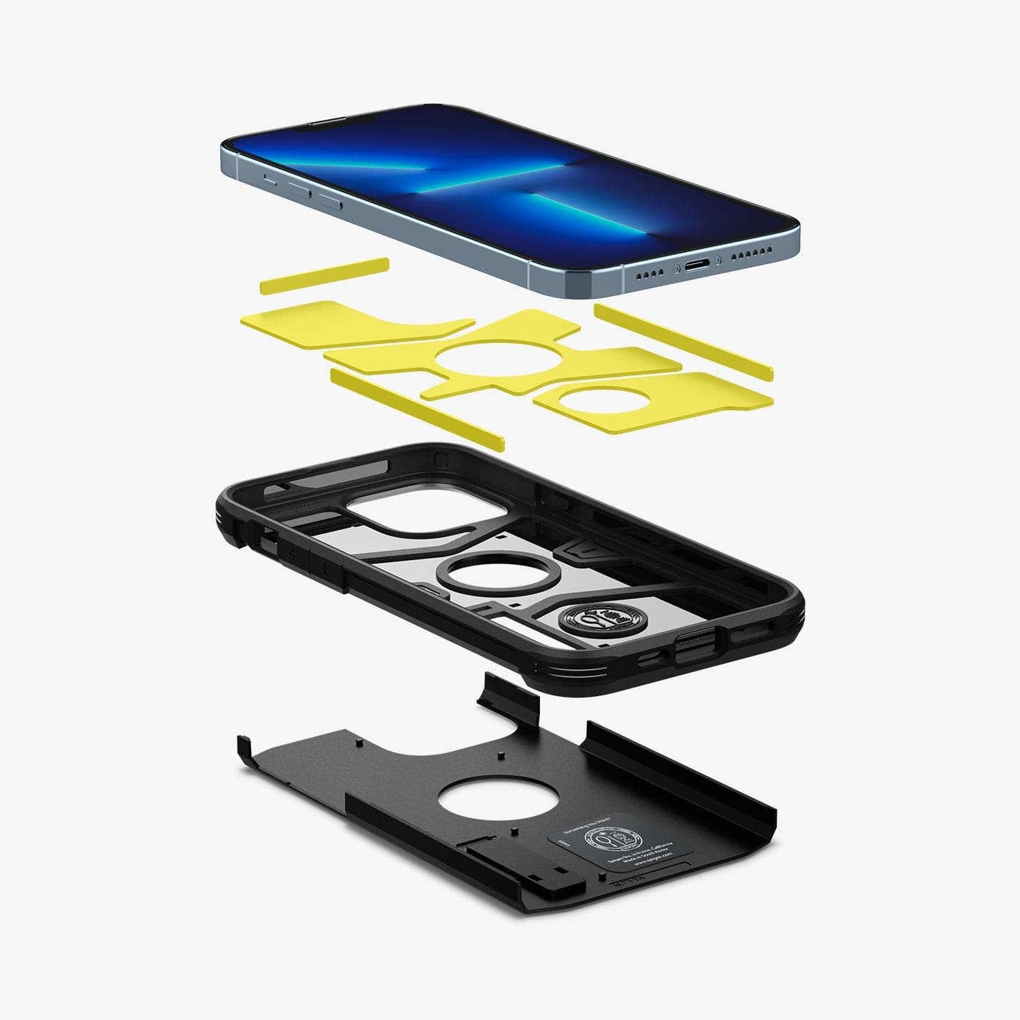 ACS03222 - iPhone 13 Pro Max Case Tough Armor in black showing the hard PC layer, flexible TPU layer, impact foam layer and device