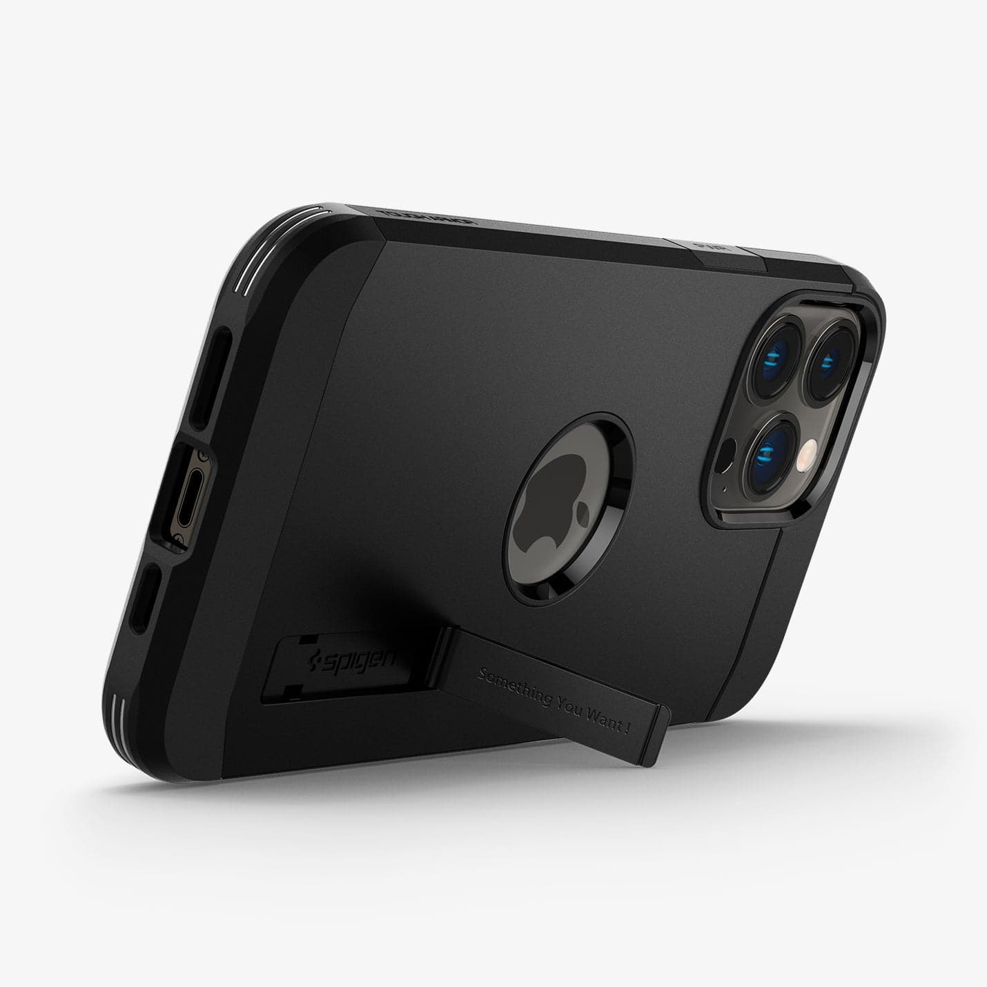 ACS03222 - iPhone 13 Pro Max Case Tough Armor in black showing the bottom and back with kickstand out