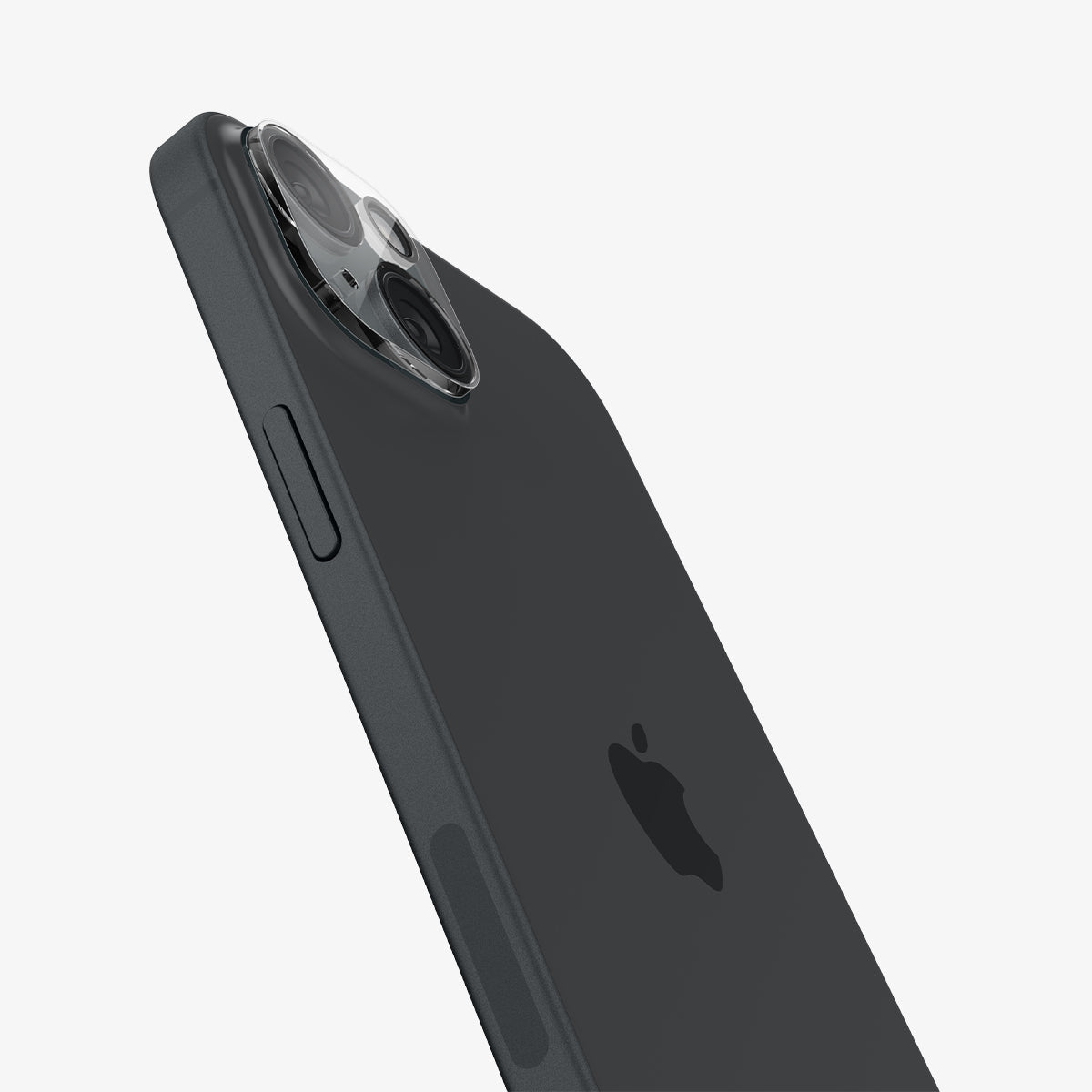 AGL06916 - iPhone 15 / 15 Plus Optik Lens Protector in crystal clear showing the back and side zoomed in on camera lens