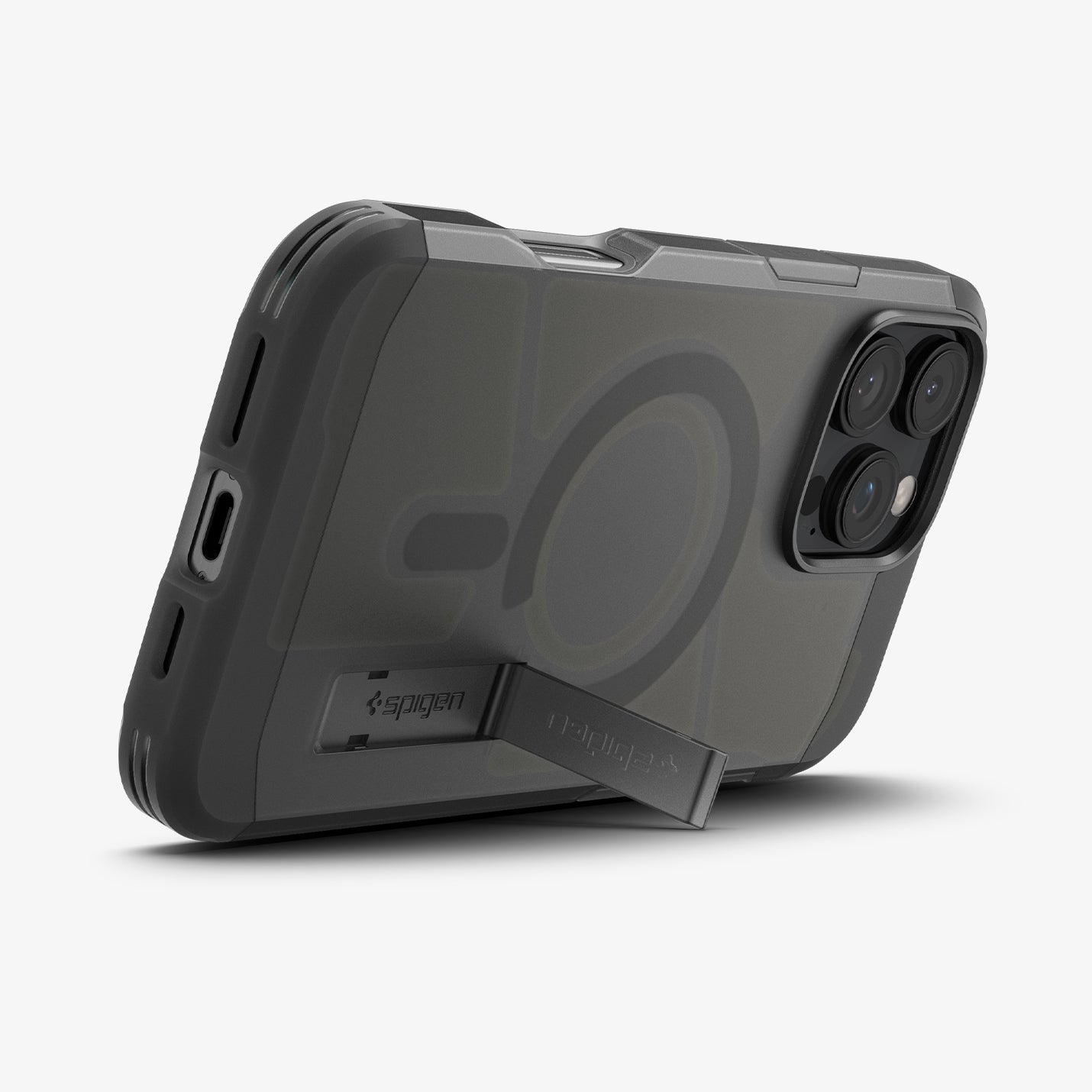 ACS08502 - iPhone 16 Pro Max Case Tough Armor AI (MagFit) in Frost Black showing the back, partial side and bottom with built-in kickstand propped up
