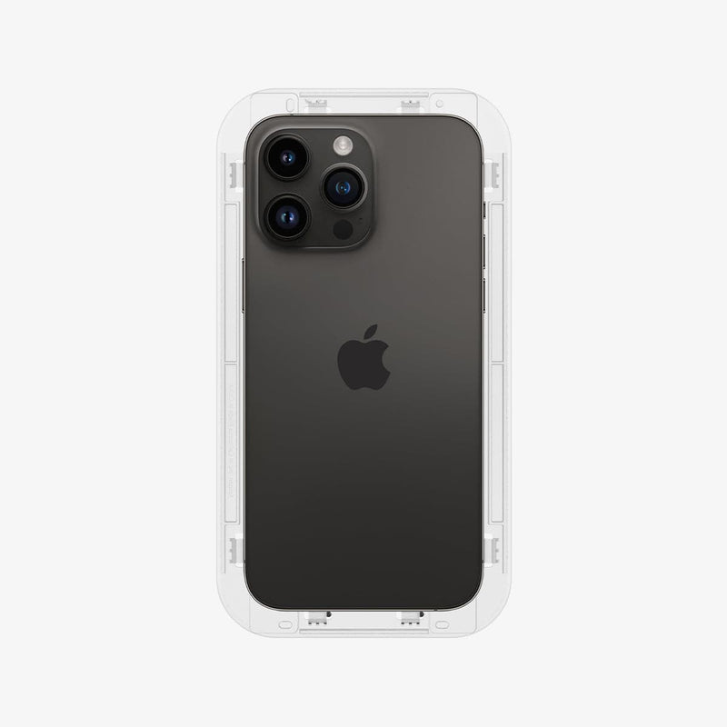 AGL05214 - iPhone 14 Pro Screen Protector EZ FIT GLAS.tR (Sensor Protection) showing the ez fit tray installed onto the device back view