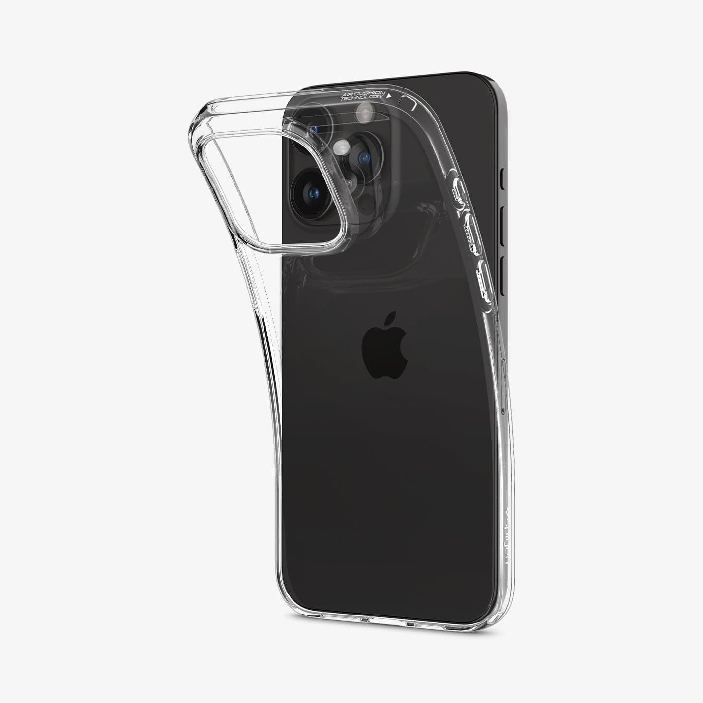 ACS06443 - iPhone 15 Pro Max Case Liquid Crystal in crystal clear showing the back with case bending away from device to show the flexibility