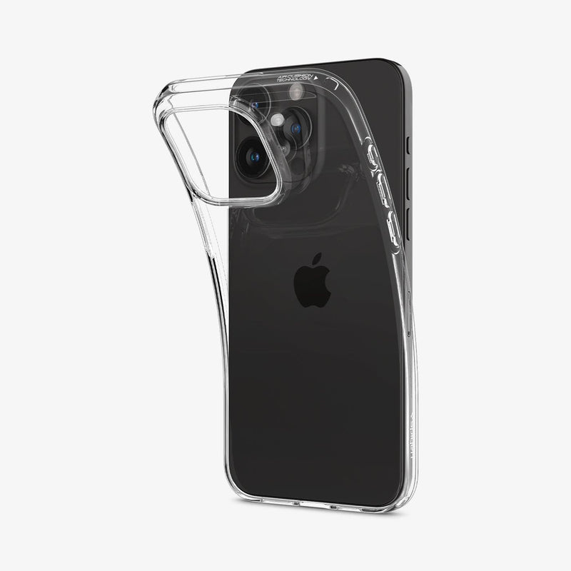 ACS06443 - iPhone 15 Pro Max Case Liquid Crystal in crystal clear showing the back with case bending away from device to show the flexibility