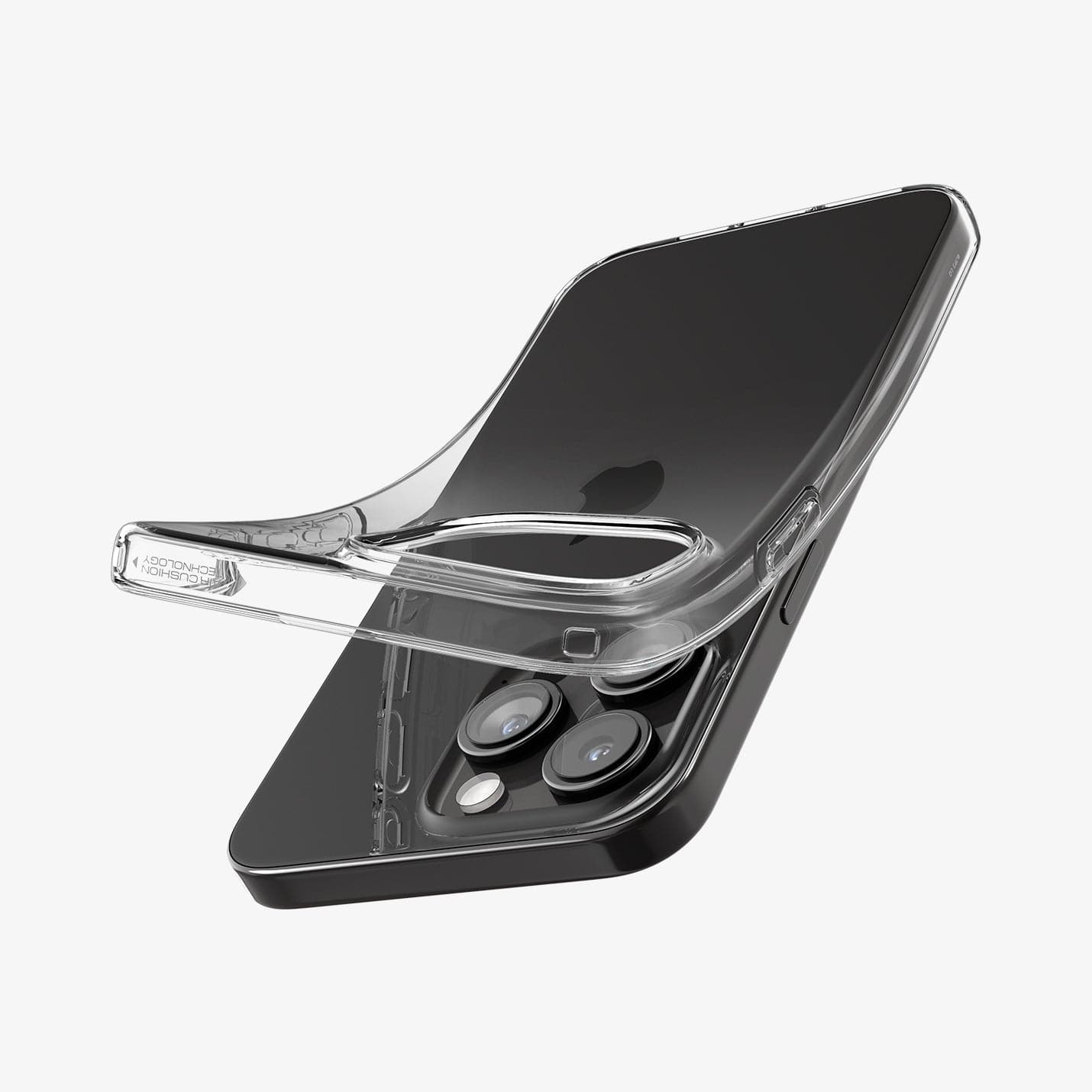 ACS06443 - iPhone 15 Pro Max Case Liquid Crystal in crystal clear showing the back with case bending away from device to show the flexibility