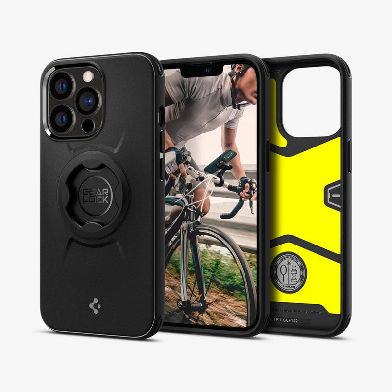 ACS03741 - iPhone 13 Pro Max Bike Mount Case + Gearlock MF100 showing the back, front and inside of case