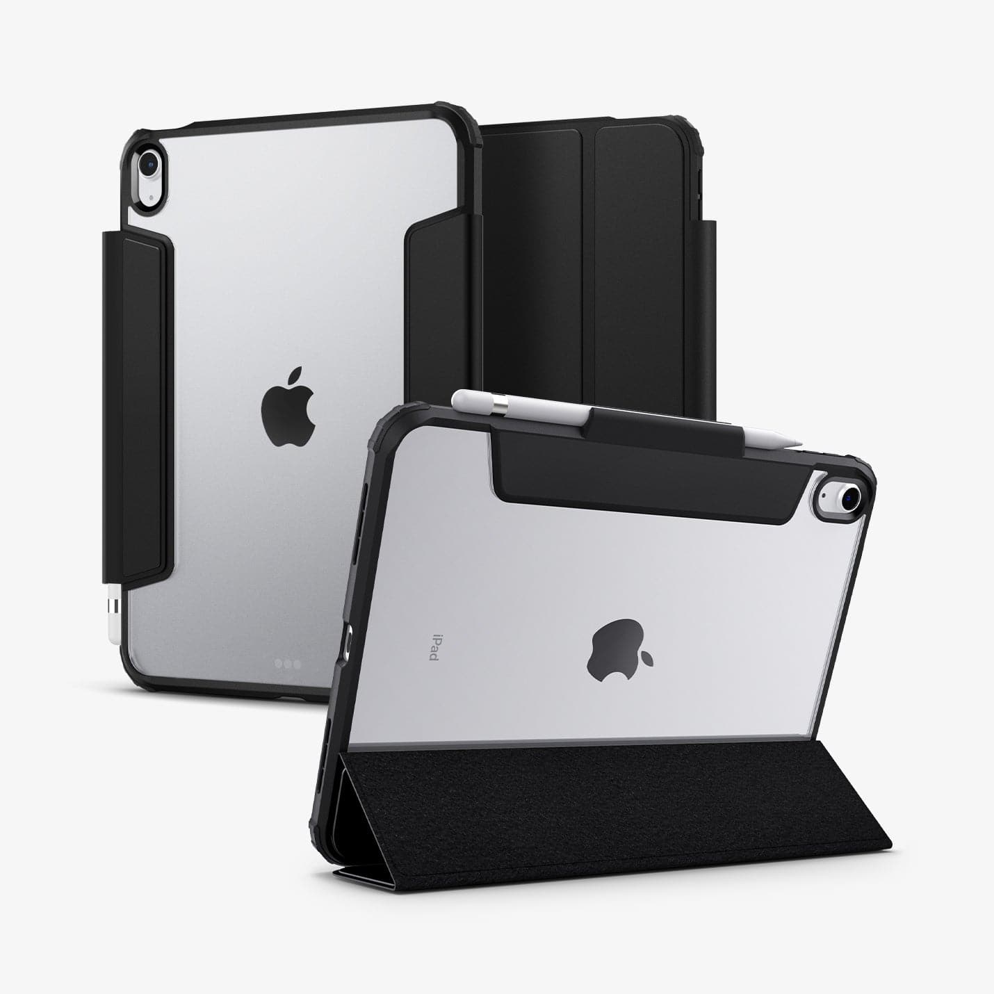 ACS05311 - iPad 10.9" Case Ultra Hybrid Pro in black showing the back, front and device propped up by built in kickstand