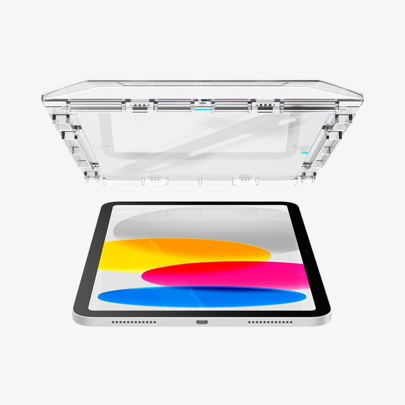 AGL05554 - iPad 10.9" Screen Protector EZ FIT GLAS.tR showing the ez fit tray and screen protector hovering above the device