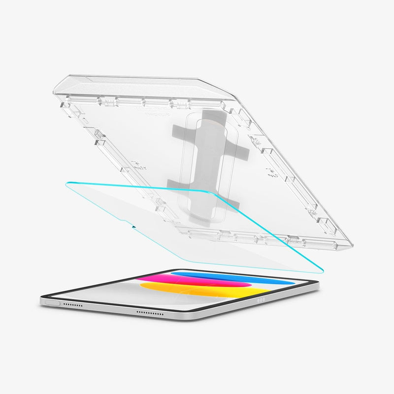 AGL05554 - iPad 10.9" Screen Protector EZ FIT GLAS.tR showing the screen protector and ez fit tray being installed onto device