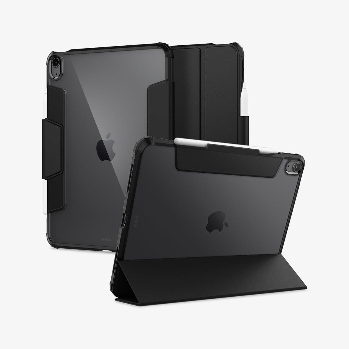 ACS05281 - iPad Air 10.9" (2022 / 2020) Case Ultra Hybrid Pro in black showing the back, front and device propped up by built in kickstand