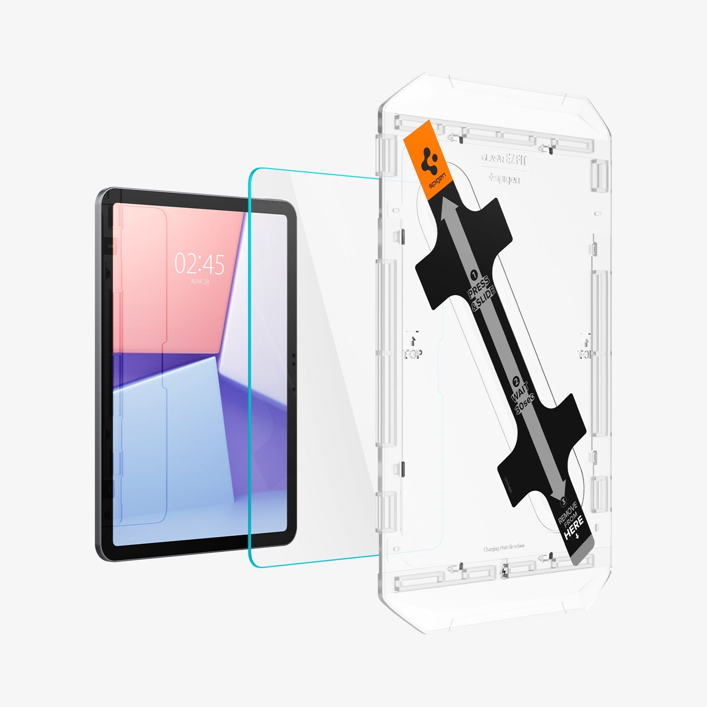 AGL07798 - iPad Air 10.9-inch GLAS.tR EZ FIT in Clear showing the ez fit tray hovering in front of a screen protector and a device