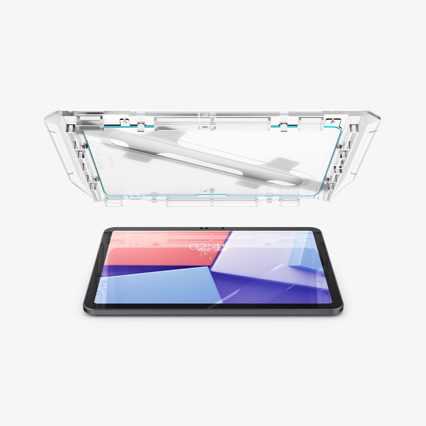 AGL07798 - iPad Air 10.9-inch GLAS.tR EZ FIT in Clear showing the bottom of the ez fit tray with screen protector attached hovering above the device