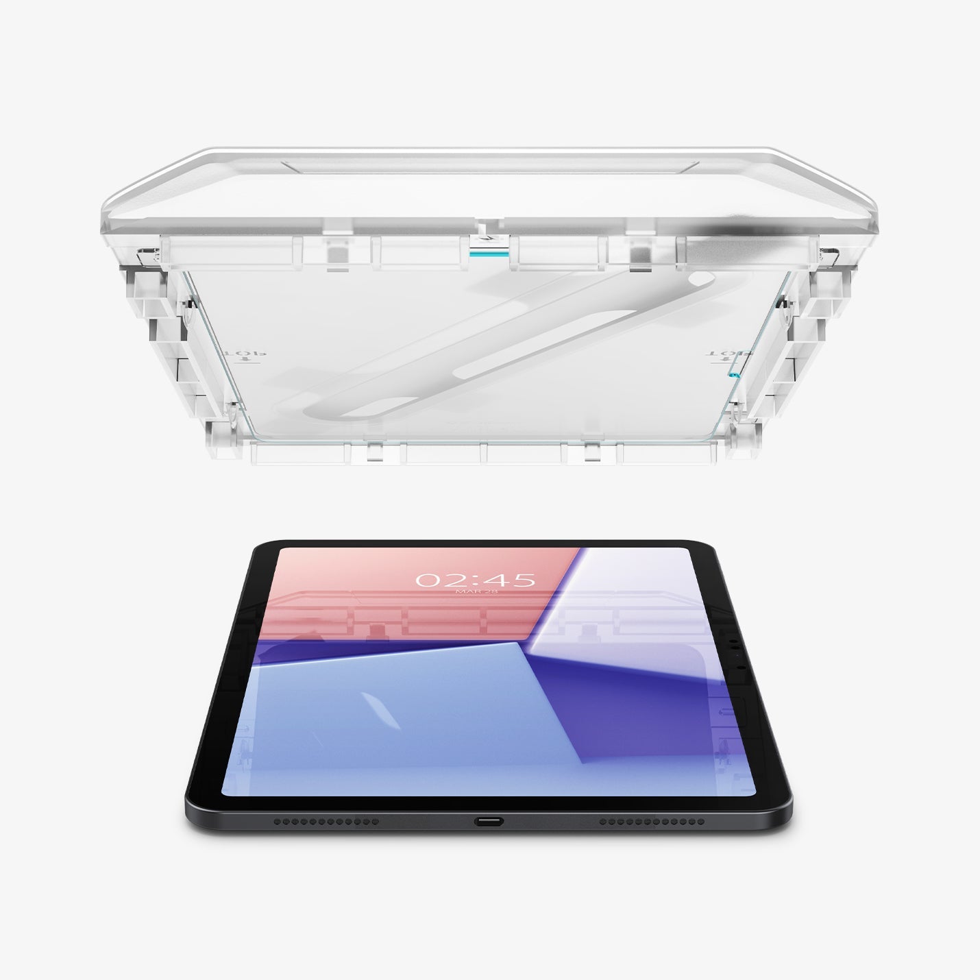 AGL07798 - iPad Air 10.9-inch GLAS.tR EZ FIT in Clear showing the ez fit tray and screen protector hovering above the device