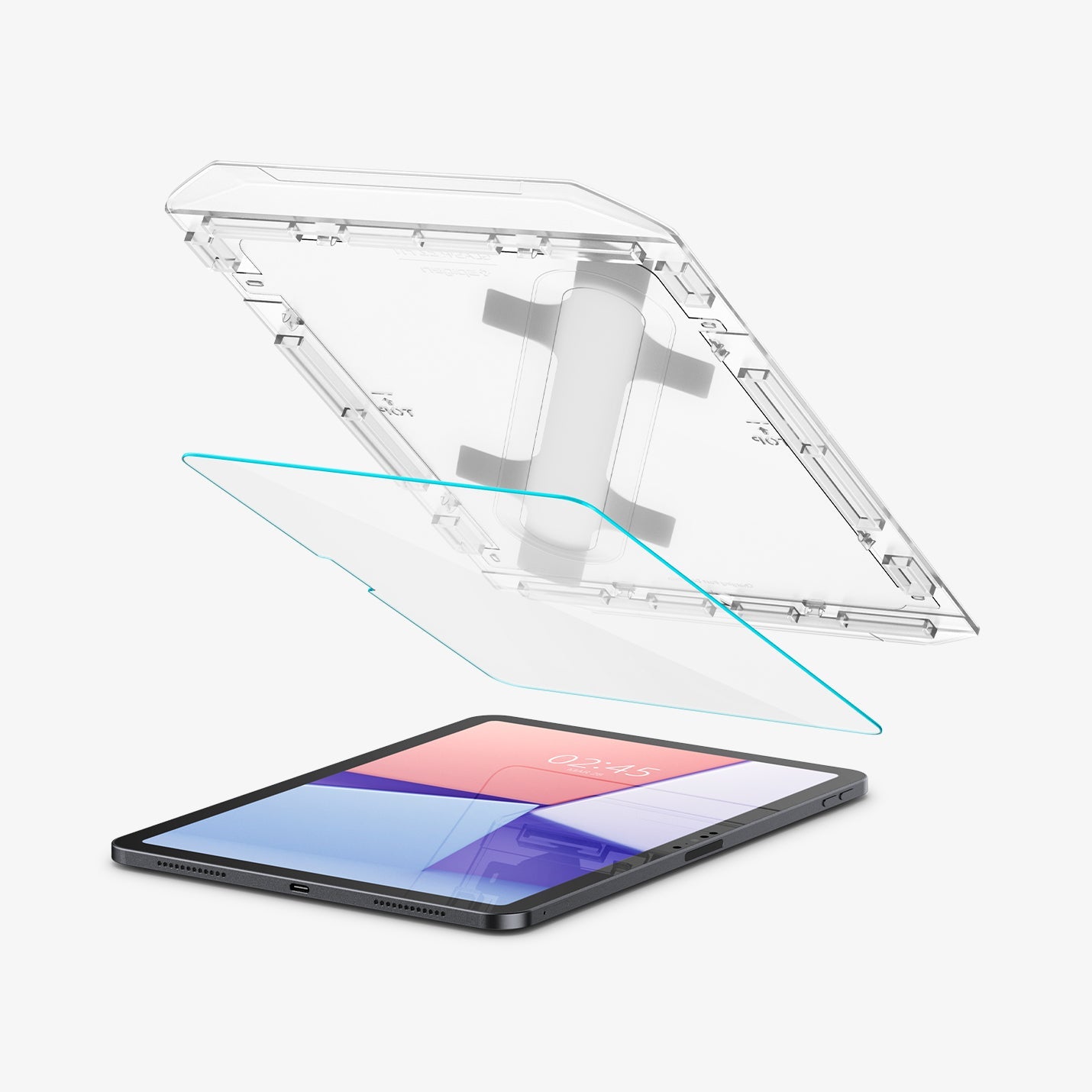AGL07798 - iPad Air 10.9-inch GLAS.tR EZ FIT in Clear showing the bottom of ez fit tray partially hovering above the screen protector and the device