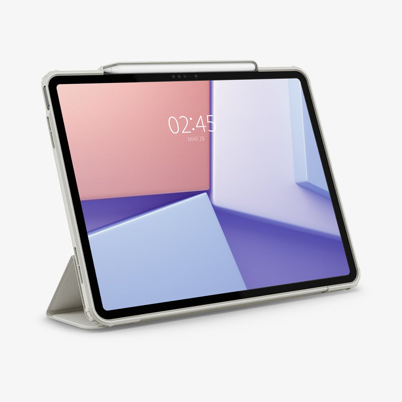 ACS07677 - iPad Air 12.9-inch Case Air Skin Pro in Gray showing the front with device propped up by built in kickstand with s-pen attached