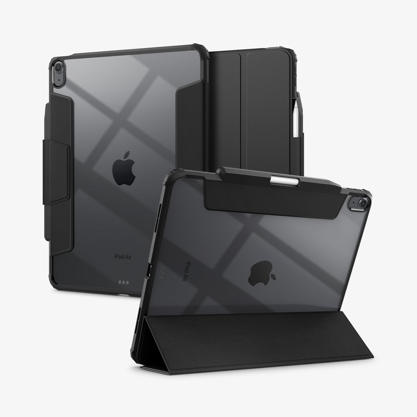 ACS07674 - iPad Air 12.9-inch Case Ultra Hybrid Pro in Black showing the back, front and device propped up by built in kickstand