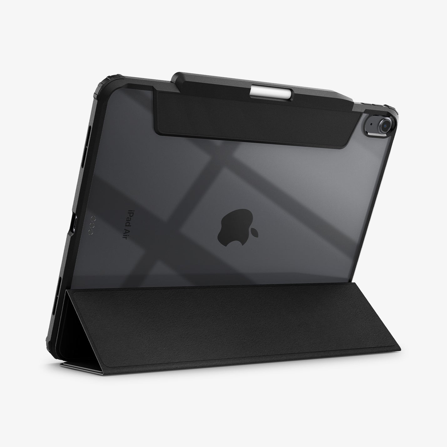 ACS07674 - iPad Air 12.9-inch Case Ultra Hybrid Pro in Black showing the back with device propped up by built in kickstand with s pen attached