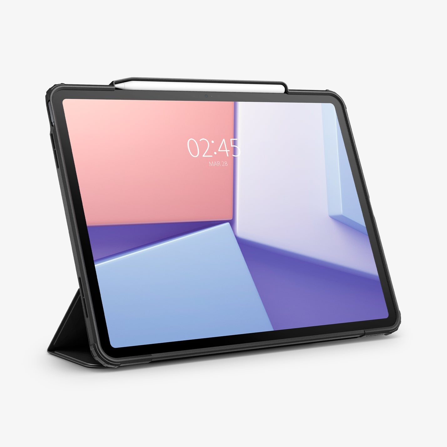 ACS07674 - iPad Air 12.9-inch Case Ultra Hybrid Pro in Black showing the front with device propped up by built in kickstand with s-pen attached