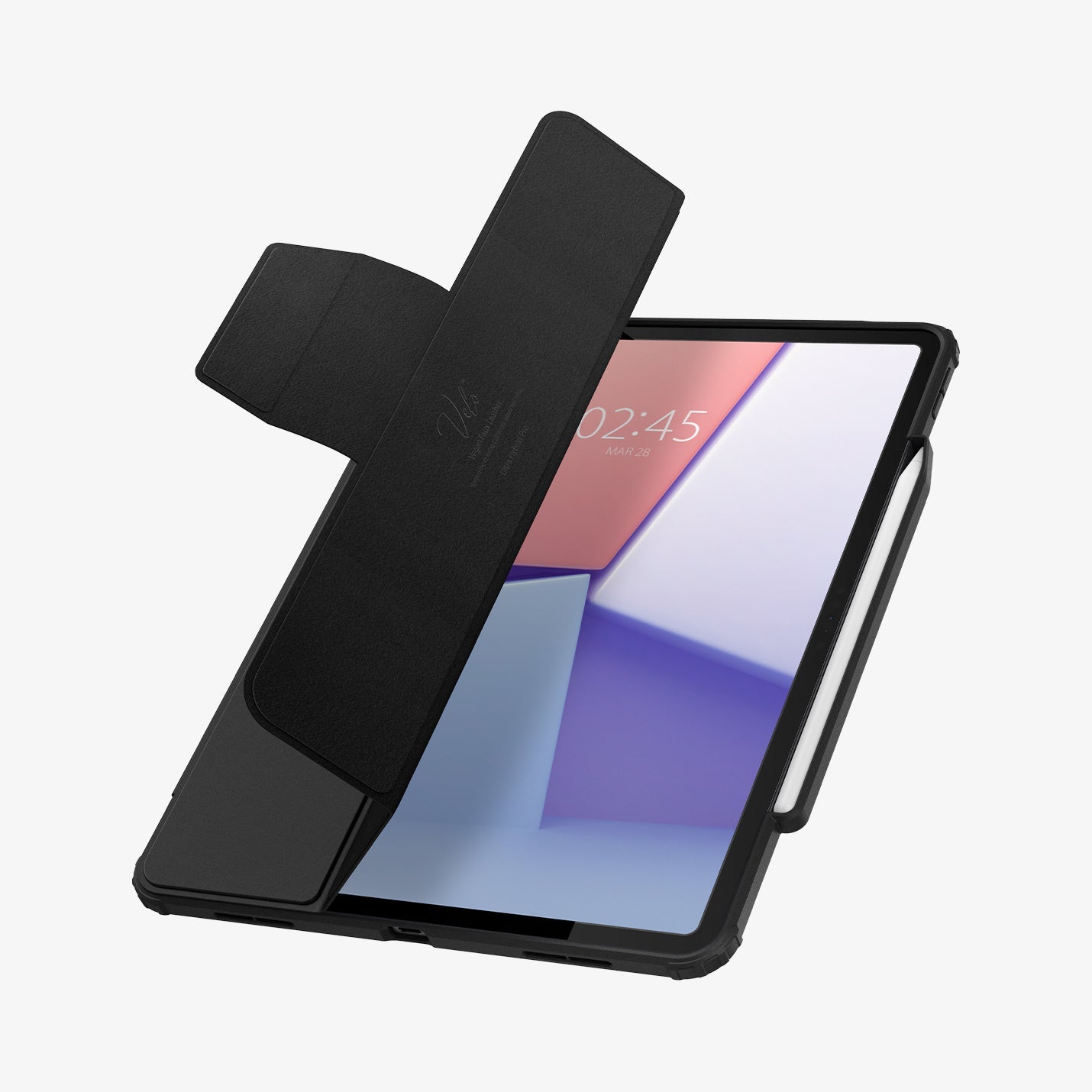 ACS07674 - iPad Air 12.9-inch Case Ultra Hybrid Pro in Black showing the front with cover half open with s-pen attached