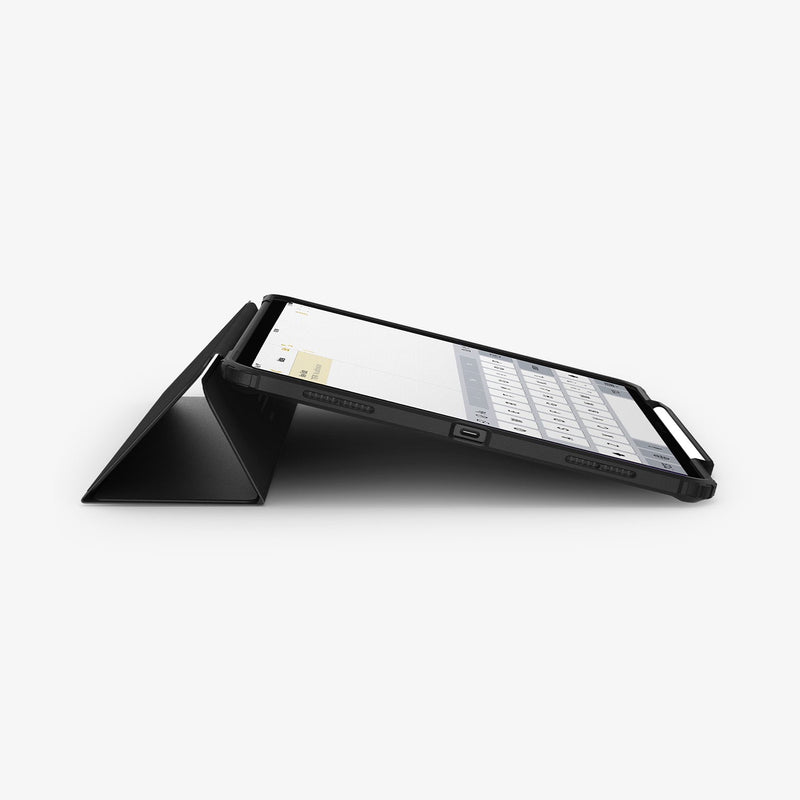 ACS07674 - iPad Air 12.9-inch Case Ultra Hybrid Pro in Black showing the bottom and partial front with device propped up by built in kickstand with s-pen attached
