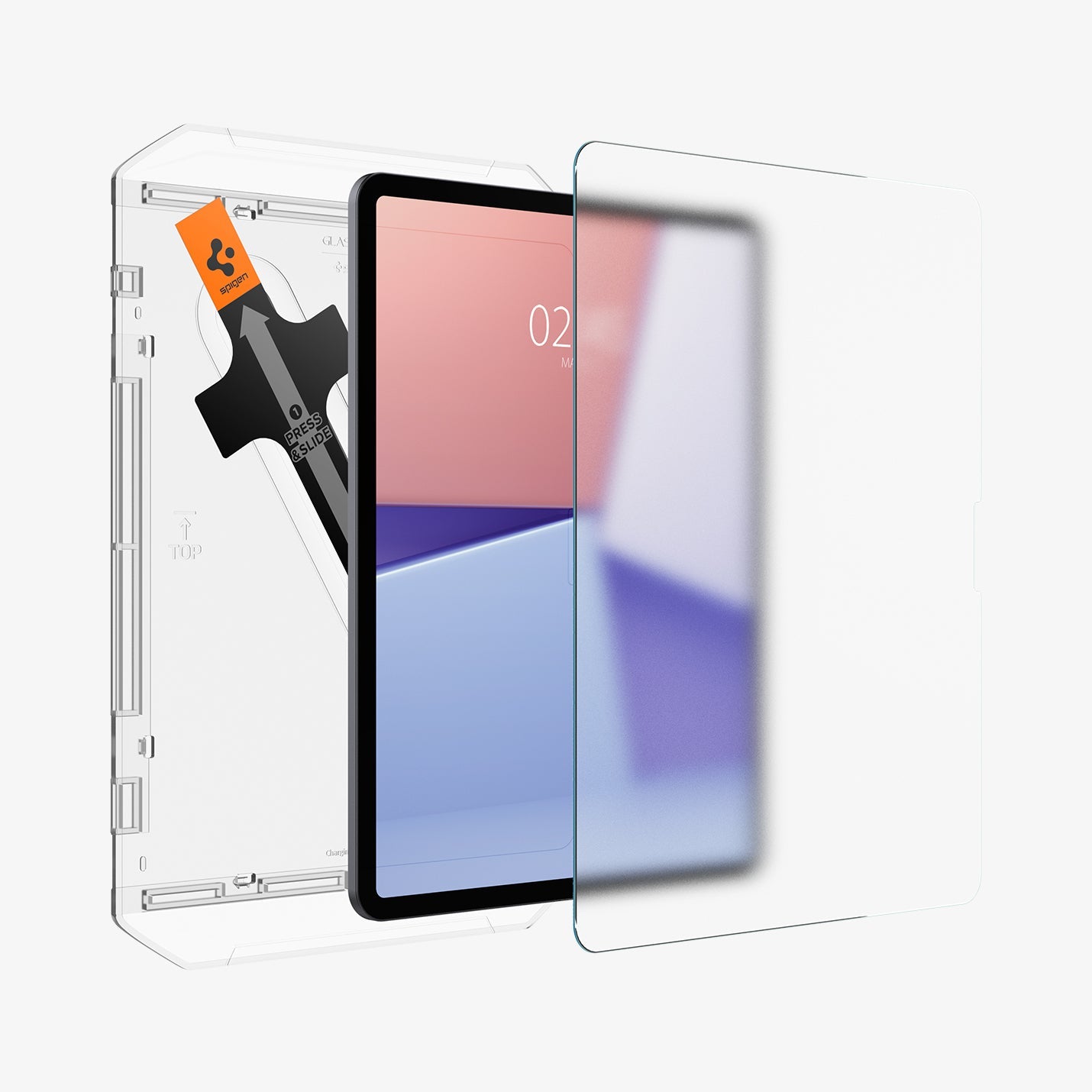 AGL07804 - iPad Air 12.9-inch Paper Touch EZ Fit in Clear showing the screen protector hovering in front of the device and ez fit tray