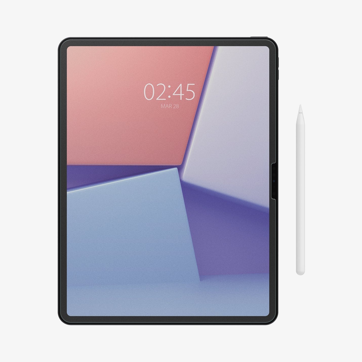 AGL07804 - iPad Air 12.9-inch Paper Touch EZ Fit in Clear showing the front of the device with screen protector installed and with a stylus pen beside it
