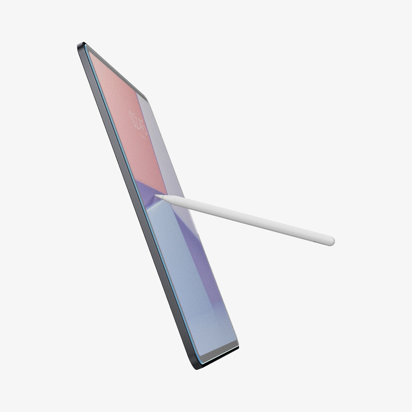 AGL07804 - iPad Air 12.9-inch Paper Touch EZ Fit in Clear showing the side, partial front with screen protector installed and a stylus pen touching the screen