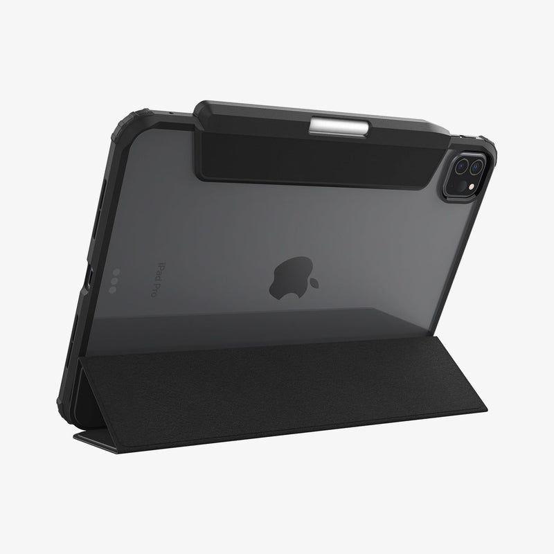 ACS07760 - iPad Pro 11-inch Case Ultra Hybrid Pro in Black showing the back, with front cover folded, propped up behind to serve as a stand