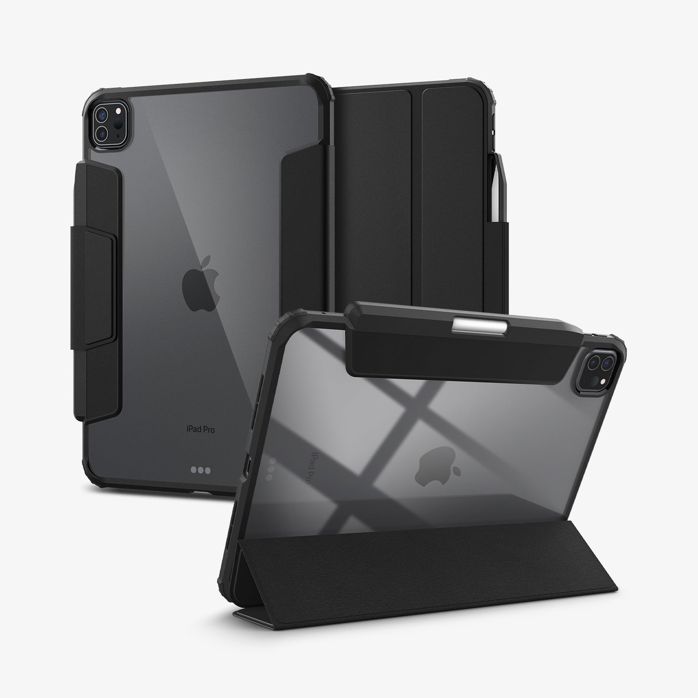 ACS07760 - iPad Pro 11-inch Case Ultra Hybrid Pro in Black showing the back with a folded front cover propped up as a stand, behind it, a device showing back and partial front