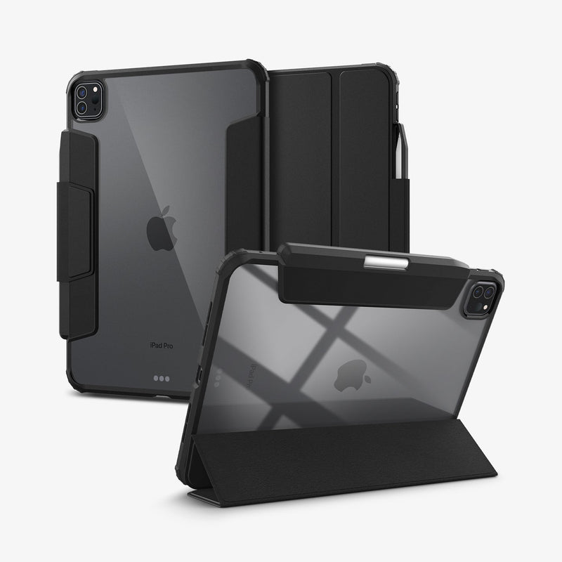 ACS07760 - iPad Pro 11-inch Case Ultra Hybrid Pro in Black showing the back with a folded front cover propped up as a stand, behind it, a device showing back and partial front