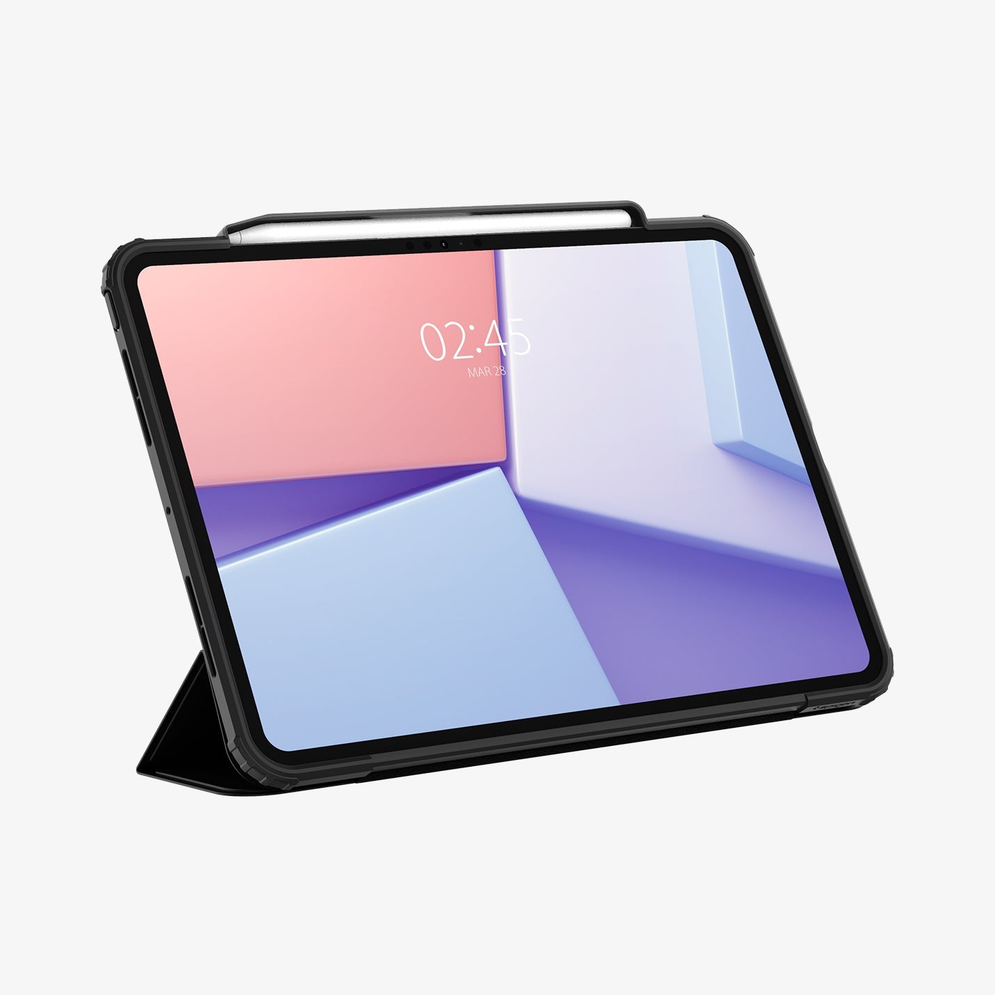 ACS07760 - iPad Pro 11-inch Case Ultra Hybrid Pro in Black showing the front with stylus and front cover folded, propped up behind to serve as a stand