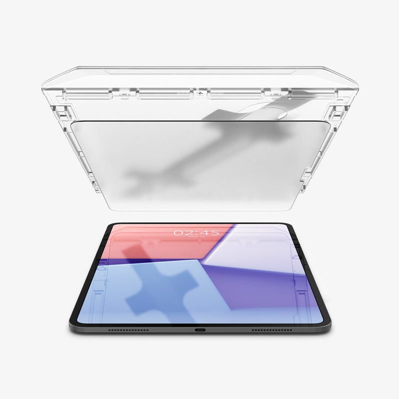 AGL07794 - iPad Pro 12.9-inch Paper Touch EZ Fit in Clear showing the ez fit tray and screen protector hovering above the device