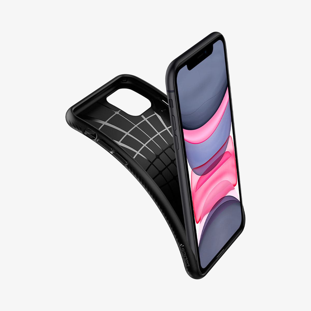 076CS27184 - iPhone 11 Case Liquid Air in matte black showing the case bending away from device to show the flexibility