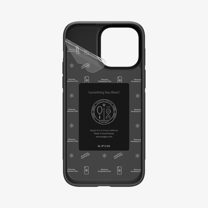 ACS04998 - iPhone 14 Pro Case Cryo Armor in matte black showing the inside of case with film slightly peeling off