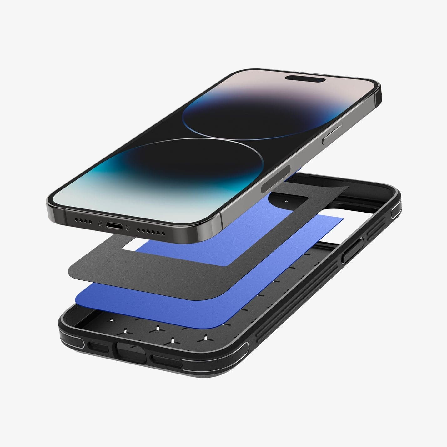 ACS04998 - iPhone 14 Pro Case Cryo Armor in matte black showing the device hovering slightly above the multiple layers of case
