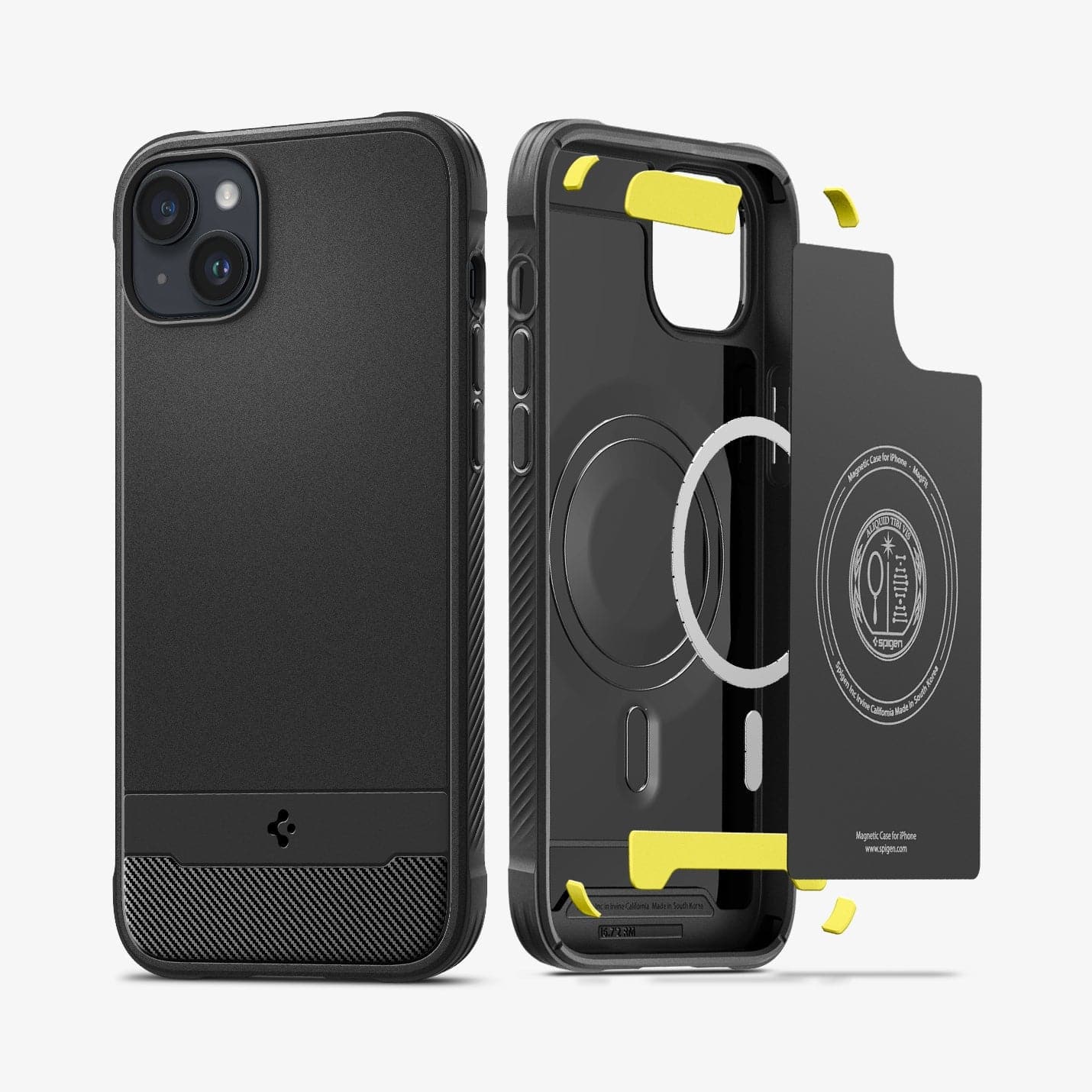ACS04890 - iPhone 14 Plus Case Rugged Armor (MagFit) in matte black showing the back and inside of case with mag layers