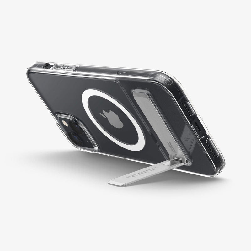 ACS04660 - iPhone 14 Plus Case Slim Armor Essential S (MagFit) in white showing the device being propped up horizontally by built in kickstand